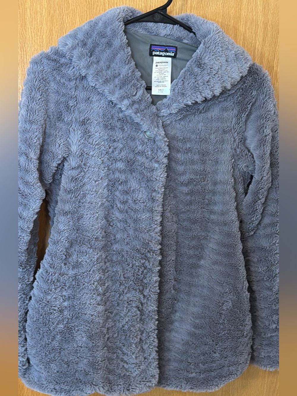 Patagonia Girls Gray Pelage Jacket Size L Large 12 Fleece Faux Fur Button Lined